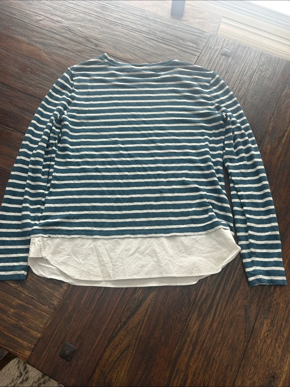 Tory Burch Teal and White Striped Layered Hem Long-Sleeve Top